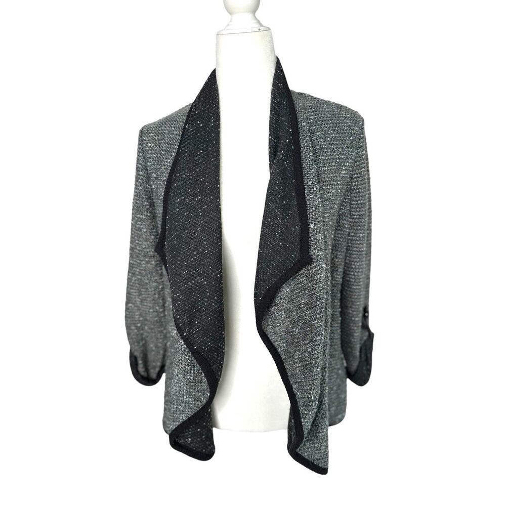 NY Collection Open Front Cardigan Jacket Petite Large PL Roll Tab Sleeve Grey
